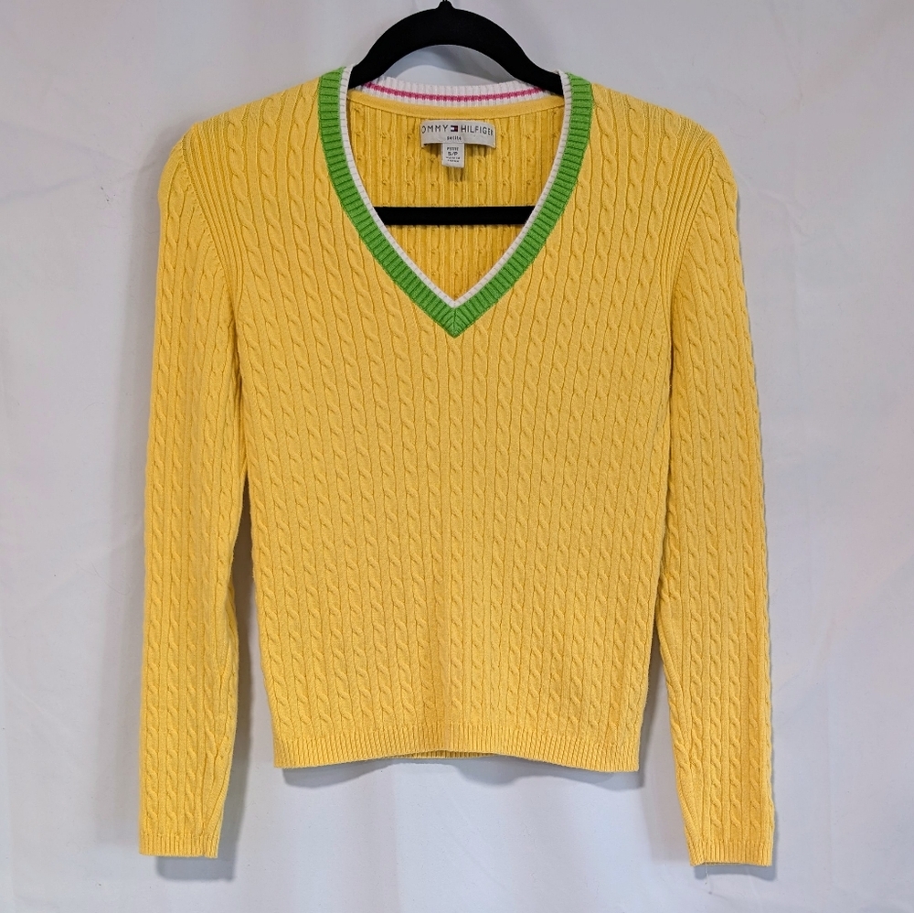Tommy Hilfiger Yellow V-Neck Sweaterwith Weave Knit VTG Size Small